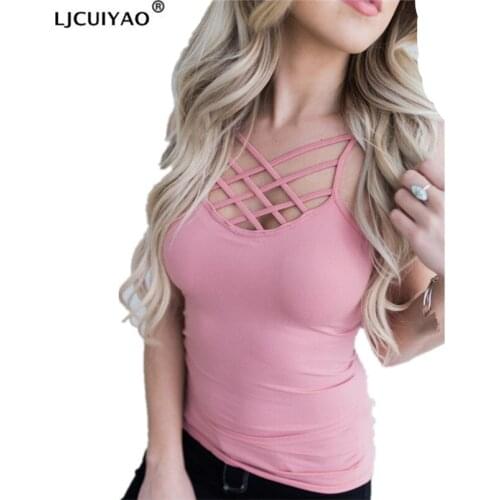 LJCUIYAO New Bandage Camis Fashion Ladies Summer Sexy Tank Tops Women Sleeveless Hollow Out Slim Cropped Feminino Casual Vest