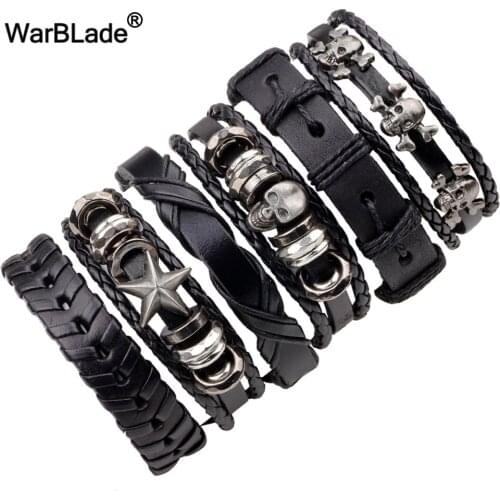 WarBLade 6pcs/Set Black Men Genuine Leather Bracelet Vintage Skull Braided Bracelets Bangle Punk Wrap Wristband For Male Jewelry