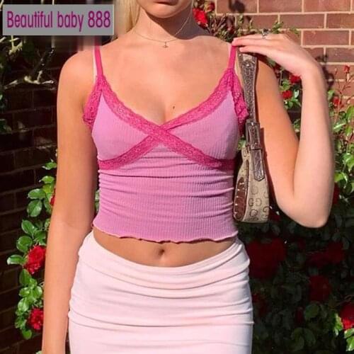 Meqeiss 2021 New Casual Spaghetti Strap Solid Lace Patchwork Ribbed Y2K Top Women Summer Sexy Backless V-neck Short Camisole