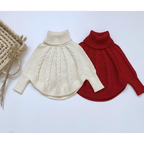 2021-07-26 Lioraitiin 1-6Years Toddler Girls Casual Solid Sweater Beige Turtleneck Batwing Sleeves Cloak for Winter/ Autumn