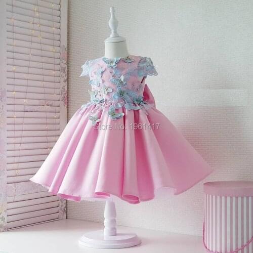 Newborn Baptism Girls Pink Dress Childrens Graduation Revelry Luxurious Dress Appliques Formal Dresses Satin Material