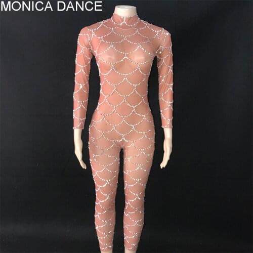 Sexy See Through Silver Rhinestones Jumpsuit Transparent Leggings Performance Birthday Outfit Evening Wedding Celebrate Bodysuit