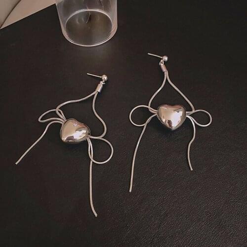 SRCOI Silver Color 3 D Heartshape Tassel Earrings Minimalist Love Charm Pendant Earrings For Women Girls Exquisite Accessories