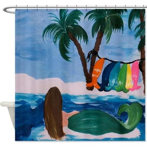 Laundry Day Beach Mermaid Art Shower Curtain Polyester for Bathroom