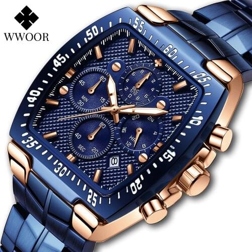 WWOOR 2021 Fashion Sports Mens Quartz Wristwatches Luxury Chronograph Square Watch with 316 Stainless Steel Blue Military Clocks