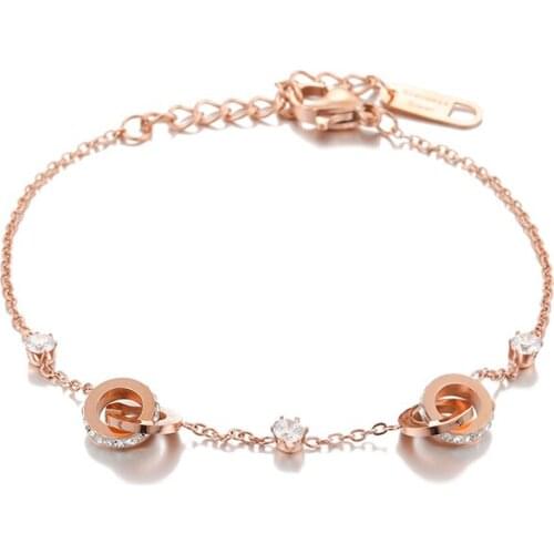 ONYSS Rose Gold Double Circle Link CZ Diamond Chain Bracelets for Women 2021 Bracelet on the leg Accessories