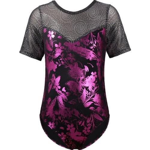 Girls Perspective Flower Pattern Gymnastics Leotards Kid Half Sleeve Dancewear Dance Dress Performance Gymnastic Leotards 3-10Y