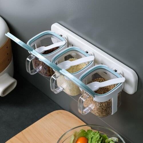 1/3Pcs Wall Flavoring Box With Lid Box Salt Tank Combination Home With Spoon Storage Box White Grey Three Grid Kitchen Supplies