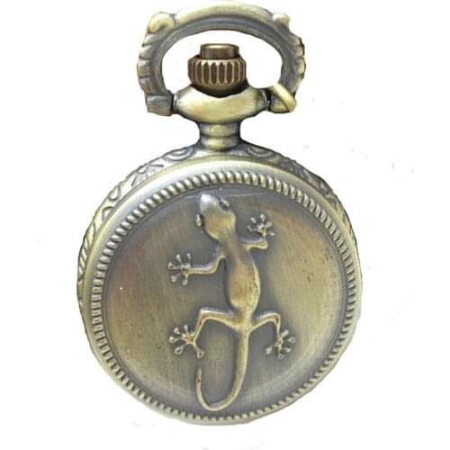 3114) Bronze 12 pcs/lot punk Mini Gecko wall lizard Round Pocket Watch Necklaces pendant.birthday party promotion gift