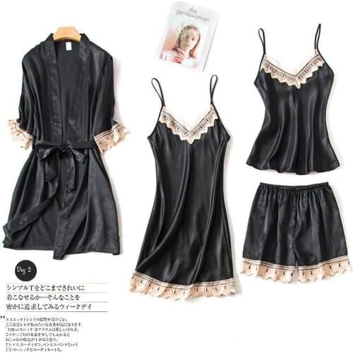 FZSLCYIYI Women Lace Trim Satin Pajamas 4/2Pcs Sleepwear Silk Half Sleeve Homewear Sleep Lounge Pyjama