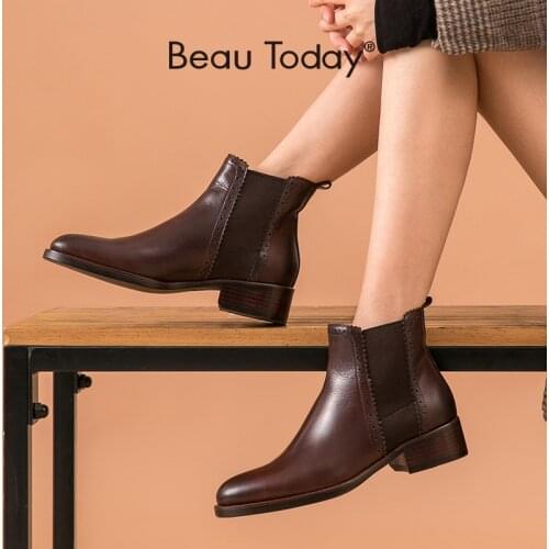 BeauToday Chelsea Boots Women Genuine Cow Leather Round Toe Elastic Band Block Heel Ankle Length Female Shoes Handmade A03292