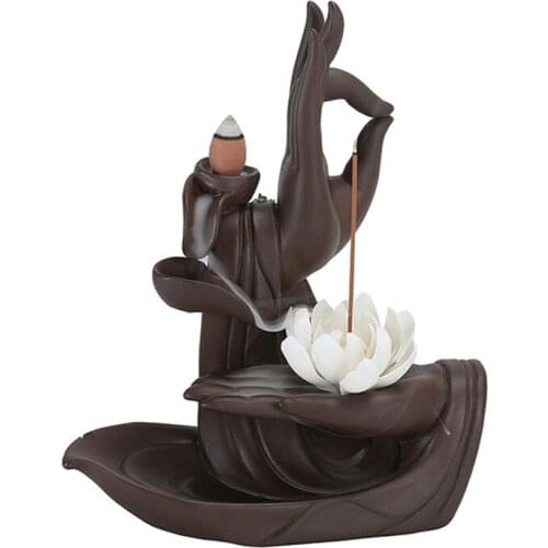Purple Clay Backflow Incense Burner Lotus Incense Burner Buddha Hand Backflow Incense Burner with 10 Cones Tower Incense Decor