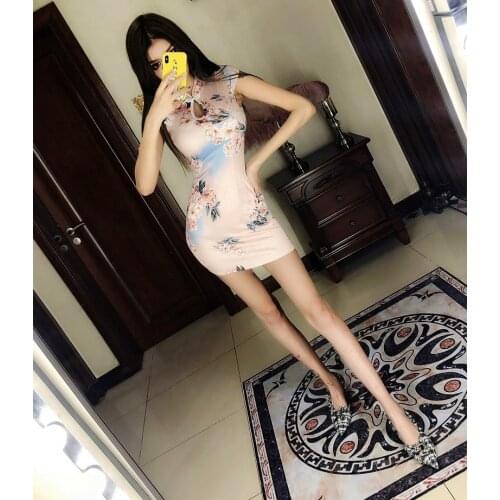 C1882 2020 Summer new women fashion sexy hollow slit girl print cheongsam slim dress cheap wholesale