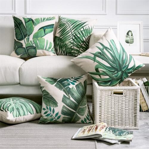 Cotton Linen Pillow Case Green Leaf Printed European Style Decorative Pillow Cover Throw Pillows, 45*45 CM 1 Piece