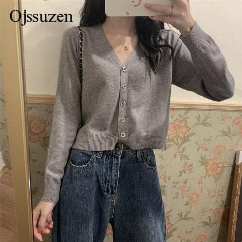 Spring Autumn V Neck Cardigan Women Sweater Jacket Long Sleeve Crop Top Clothes Female Knitting Cardigan Thin Grey White Button