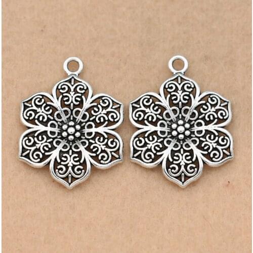 KJjewel Flower Charm Pendant Tibetan Silver Plated Jewelry DIY Making Necklace Accessories Handmade 31x23mm 5pcs/lot