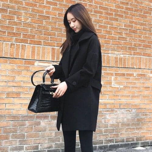 Korea Fashion Autumn Winter Woolen Coat Turn-down Collar Loose Casual Long Black Coats Single Button Jackets Plus Size Coat D333
