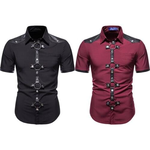 Plus Size Punk Faux Leather Shirt Men Tops Slim Patchwork Short Sleeve Gothic Rivet O Ring Decor for Rock Concert Music Festival