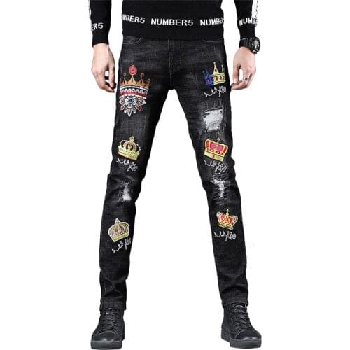 New mens male trousers Crown personality jeans embroidery flower hole denim stretch Chinese style winter retro pants 2022