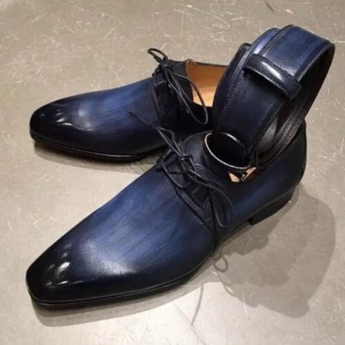 Mens Pure Color Gradient Handmade PU Low Heel Strap Pointed Toe Four Seasons Fashion Trend Business Casual Shoes ZQ0036