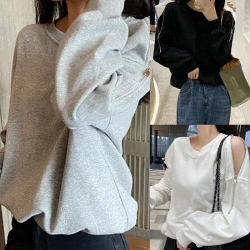 Autumn Loose Womens Sweatshirt Long Sleeve Off Shoulder Zipper Pullover Round Neck Solid Color Sweatshirt