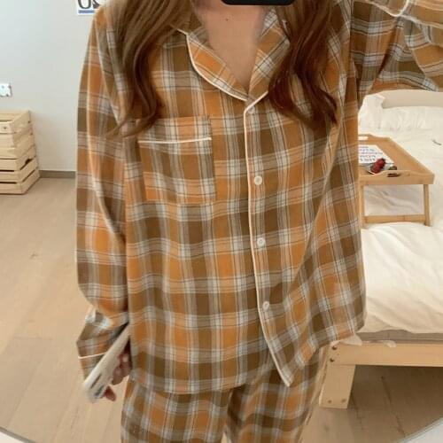 Couple plaid sleepwear korean casual long sleeve homewear 2 piece set spring autumn pajama set women home suit cotton new Y951
