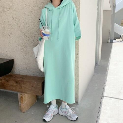 Spring Autumn T-Shirt Dress Women Plus Size Side Split Casual Loose Hooded Dresses Female White Sweatshirt Mid Length Robe Femme