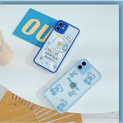 Transparent Blue Border Cute Duck Bear Case For IPhone 12 11 Pro Mini XR X XS Max 7 8 SE 2020 Plus Silicone Soft Cover