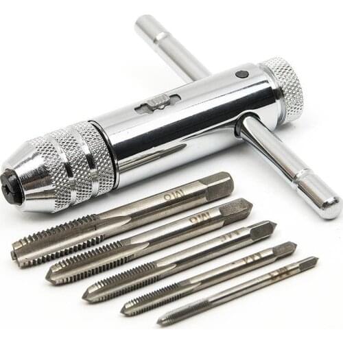 Adjustable Silver T-Handle Ratchet Tap Holder Wrench with 5pcs M3-M8 3mm-8mm Machine Screw Thread Metric Plug T-shaped Tap