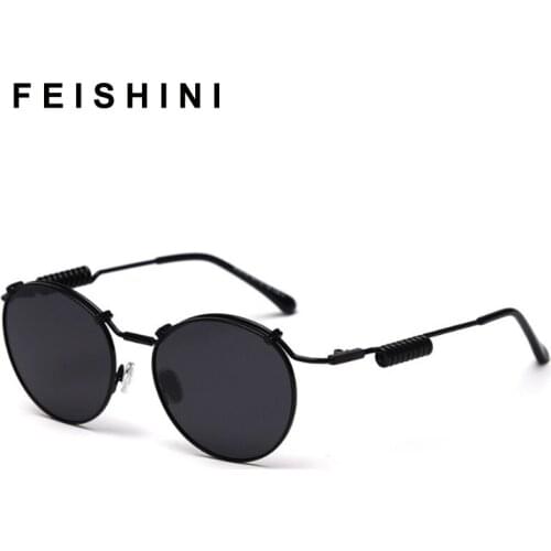 FEISHINI Celebrity Oval Women Brand Sunglasses Polarized Steampunk Luxury Metal Fashion UVB Drive Glasses Men retro With Box