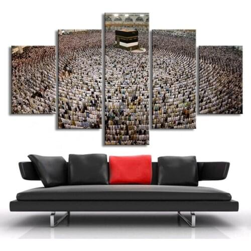 Modern Mecca Mosque Islam Wall Art 5 Pieces Printed Islamic Canvas Paintings Posters Wall Art Pictures Living Room Decor Frame