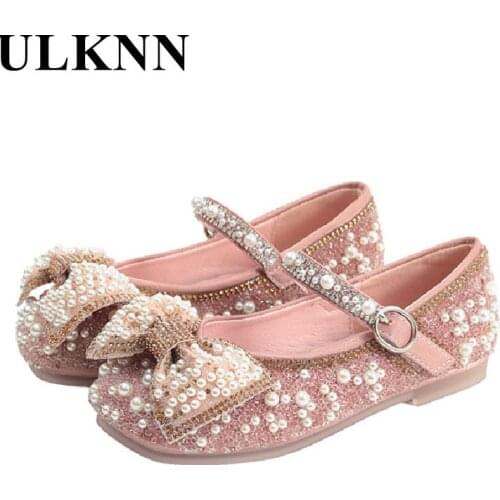 Girls Bow Shoes Princess Beaded Flat Shoes 2021 New Rhinestone Single Shoe Children Baby Shining Crystal Baby Soft Bottom Shoes