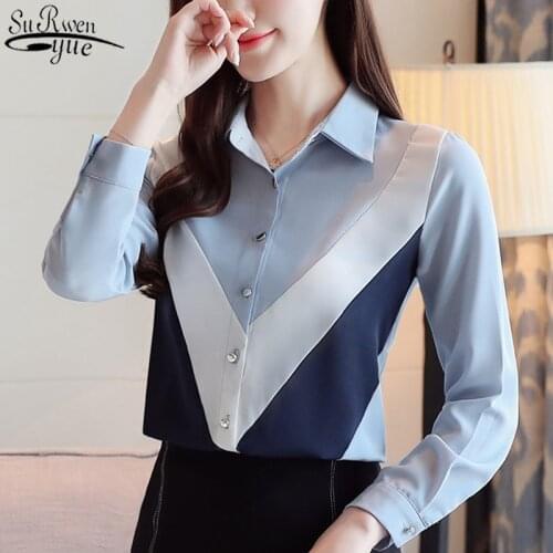 2021 Autumn Chic Chiffon Blouse Women Korean New Long Sleeve Lapel Loose Slim Fashion Stitching Bottoming Shirts Blusas 10750