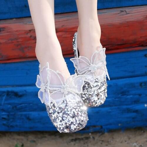 Womens Rhinestones 3D Butterfly Sequins Bling Loafers Ballet Flats Shoes Dancing Sliver Girls Lolita New 2021