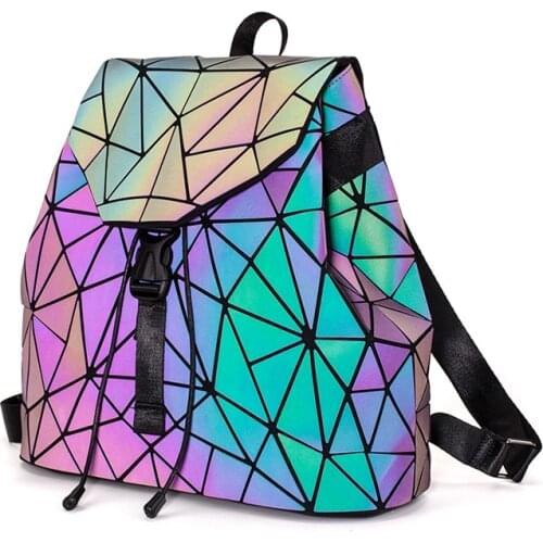 Women Backpack Luminous Geometric Plaid Sequin Female Backpacks For Teenage Girls Bagpack Drawstring Bag Holographic Backpack