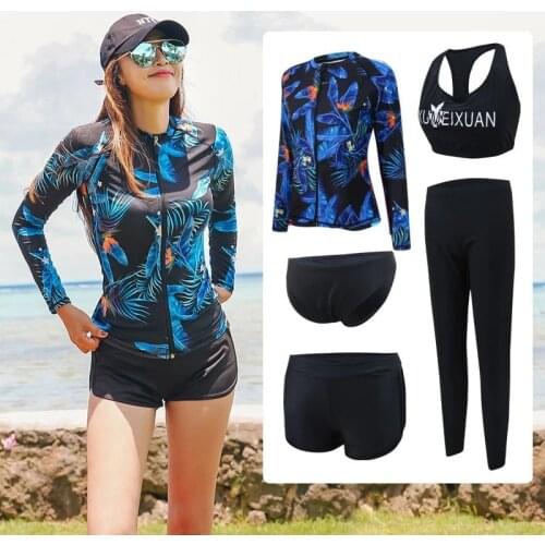 Long Sleeve Rash Guard Women Solid One Piece Swimsuit Zipper Swimwear 5 Sets Bathing Suits Black Surfing Suits Pad Long Pants