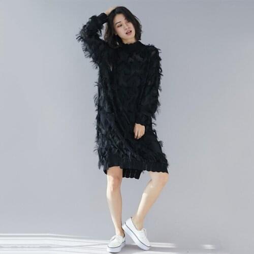 2020 spring autumn women fashion dress women new high-neck long-sleeved perspective black dress loose tassel large size dress