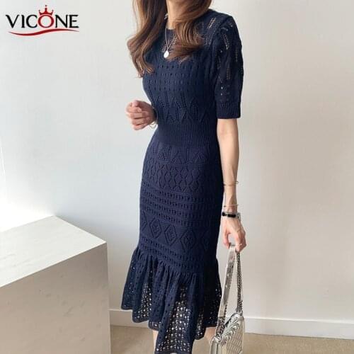VICONE Falbala two-piece hollow out ice silk knitting dress hip cultivate ones morality show thin waist Dress