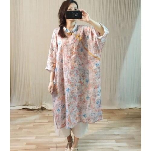 Women Spring Summer Printed Ramie Dress Ladies Loose Stand Collar Dress Female 2021 Thin Ramie Dresses