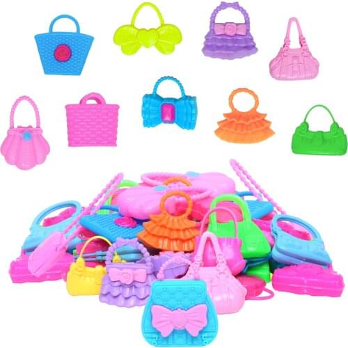 Random 10 Pcs Mix Doll Bag Fashion Handbag Purse Backpack Bags Accessories Dress Up Clothes for Barbie Doll Playhouse Toy Gifts