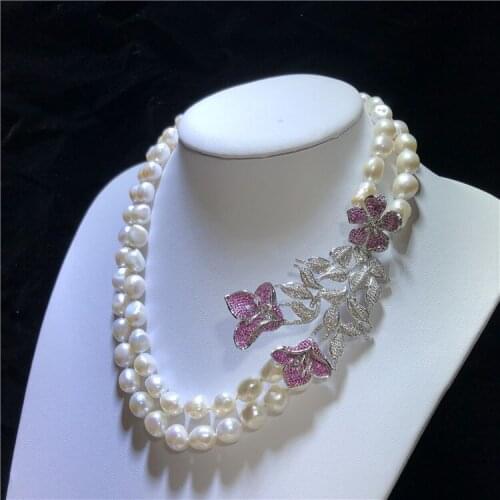 2rows freshwater pearl white baroque 8-13mm necklace 19-20inch nature wholesale