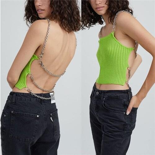 2021 Fashion Trend Women Sling Knitted Tank Tops Multi Silver Chains Backless Sexy Spaghetti Straps Camisoles Vest Crop Tanks