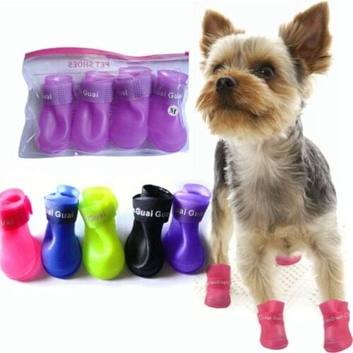 4pcs/lot Dog Shoes Silicone Colorful Rubber Pet Dog Rain Boots Waterproof Rain Shoes Antislip Cat Dog Shoe