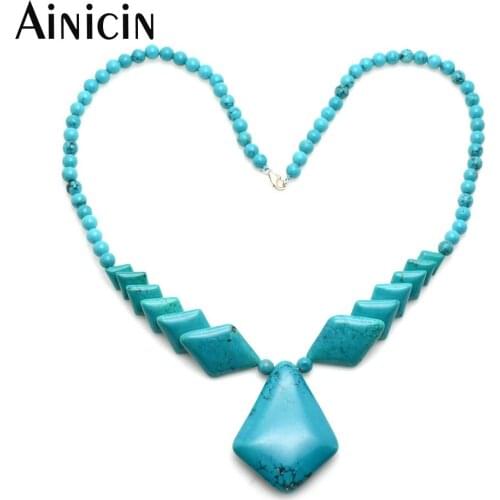 5pc Natural Blue Green Stone Rhombus Graduate Shape Strands Beads Pendant Necklace 18 Inches Fashion Women Jewelry