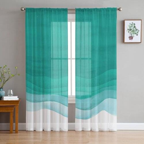 Gradient Cyan Watercolor Tulle Curtains for Living Room Decoration Modern Chiffon Sheer Voile Kitchen Curtain