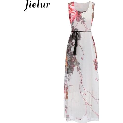 Jielur Elegant Flowers Print Chiffon Dresses for Women O-neck Sleeveless Sashes Straight Boho Vestidos Female Summer Long Dress