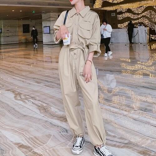 Jumpsuit Women Long Sleeve Loose Casual One Piece Cargo Pants Sets Streetwear Hip Hop Harem Bandage Overalls Spring Autumn
