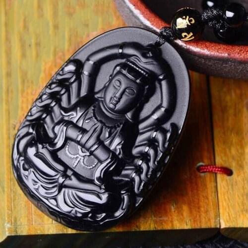 Natural Black Obsidian thousand-handed Guanyin Bodhisattva Pendant Jewelry Fine Jewelry Black Obsidian Jade Necklace Pendant