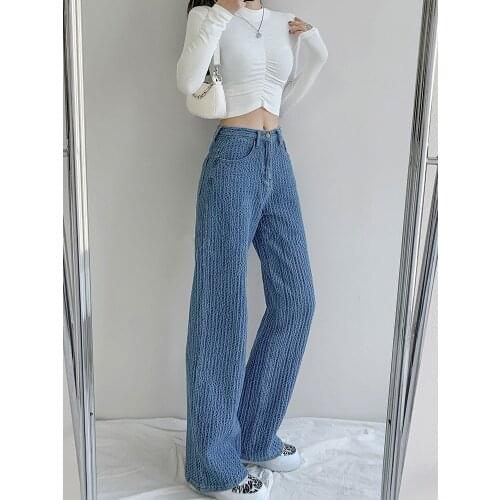 High Waist Fashion Jeans Women 2021 Autumn Western Style Knitting Loose Wide Leg Straight Mesh Mopping Pants Casual Jeans