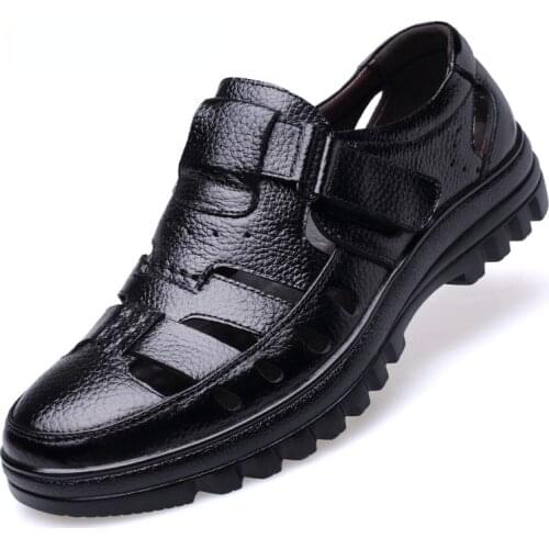 A70 Summer Mens Shoes Business Hollow Out Leather Sandals Middle-aged Leather Breathable Shoes Men Mask Velcro Mens Sliders